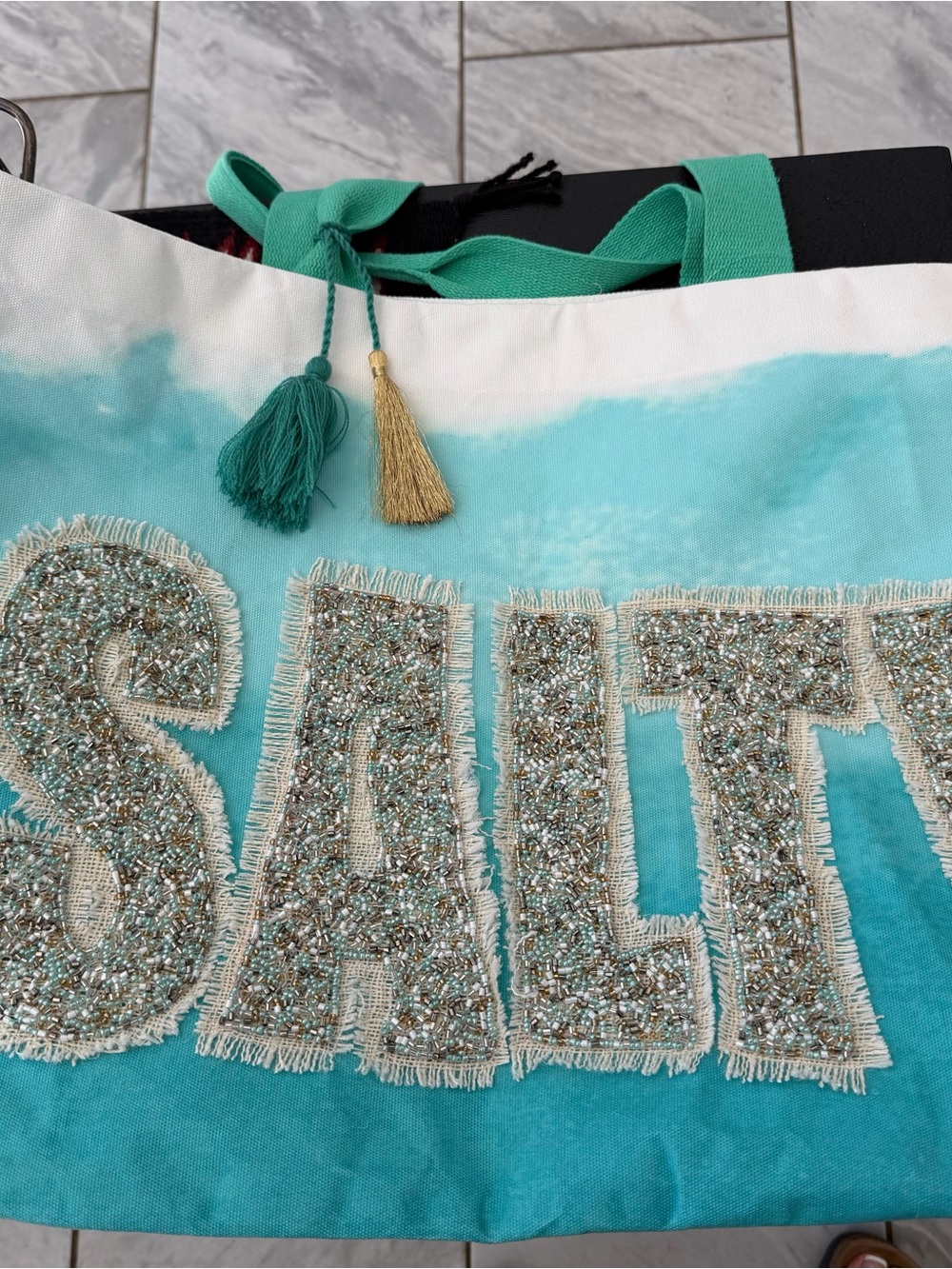 Turquoise Beaded 'SALT' Canvas Tote Bag